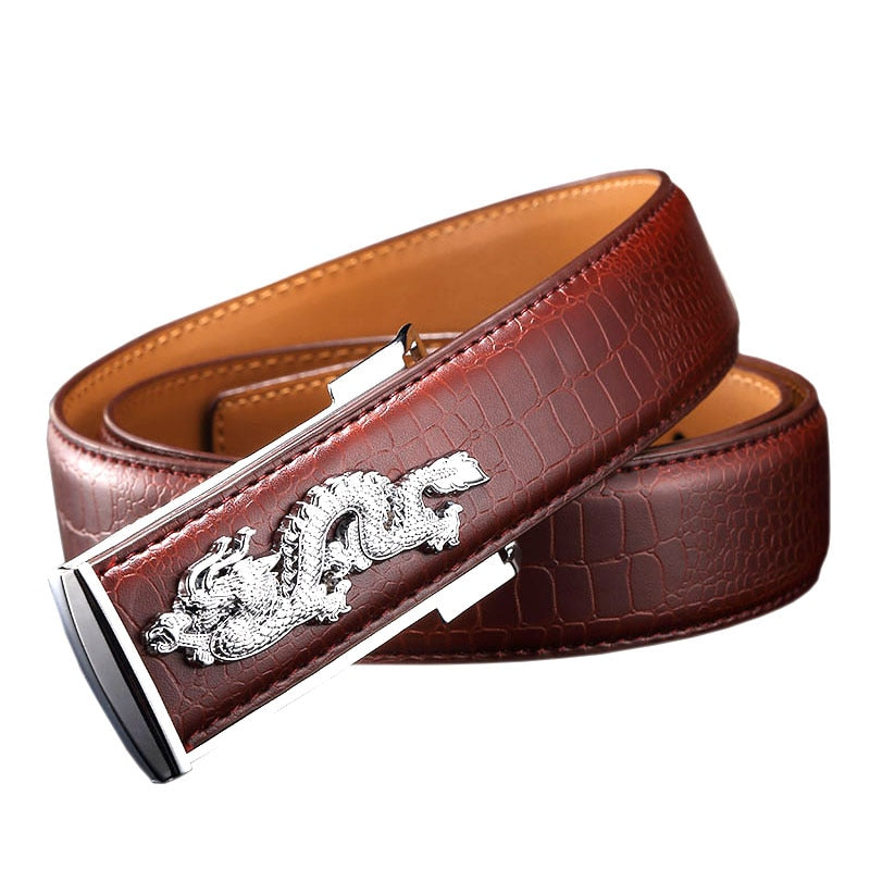 Dragon Metal Buckle Pattern in Croco Grain Leather Design Men Belt