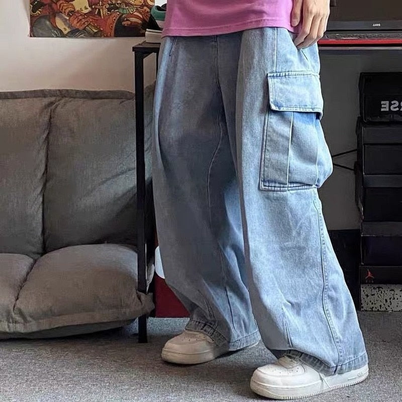 Solid Pockets Baggy Jeans