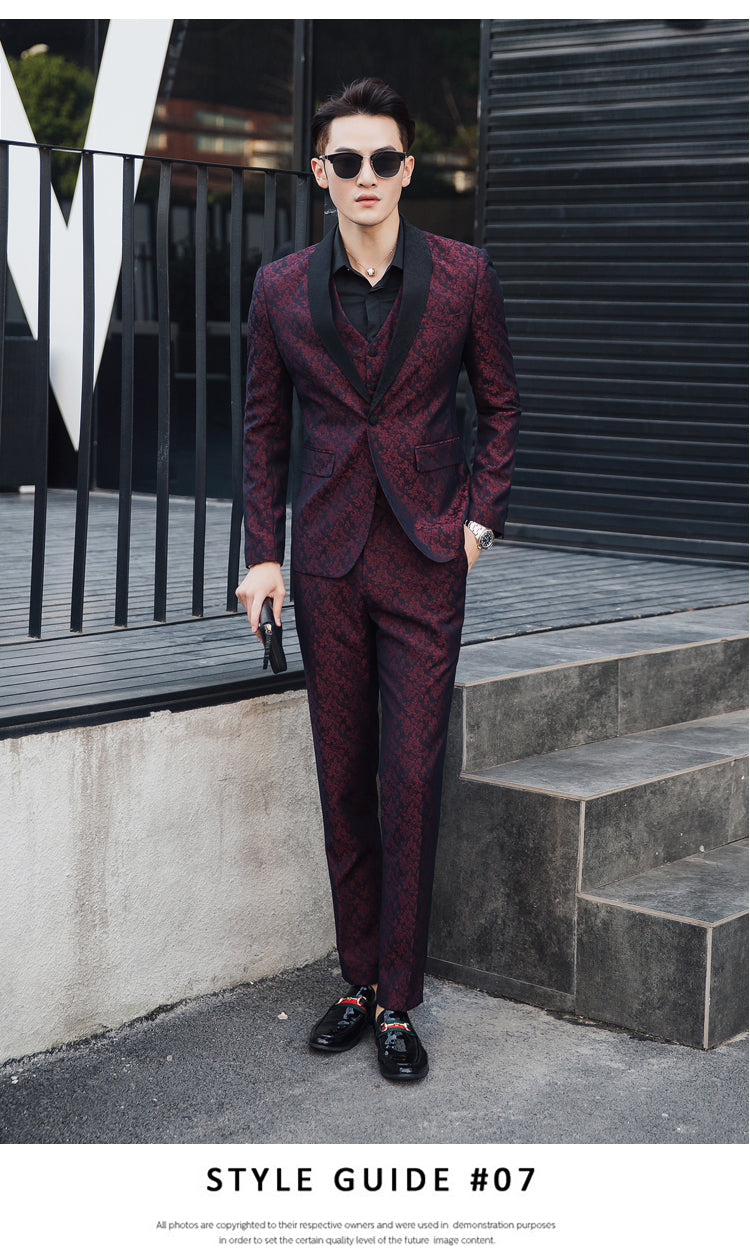 Contrast Black Collar Wine Red Patterned Men Slim Fit Suit Set with Vest and Trouser - FanFreakz