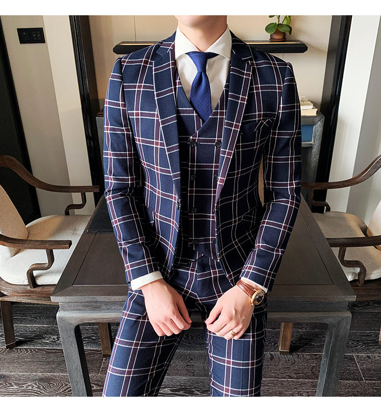 Vintage Plaid British Slim Fit 3 Pieces Style Men Suit