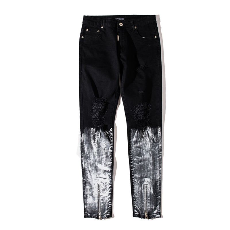 Metallic Zippered Legs Men Ripped Knee Jeans