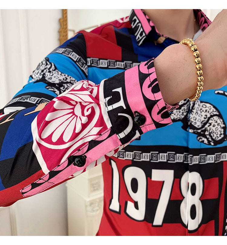 Tiger and Monogram Print Long Sleeve Style Men Slim Fit Shirt