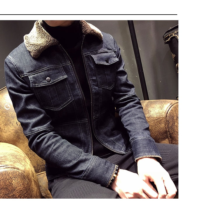 Fleece Collar with Two Pockets Dark Denim Men Jacket