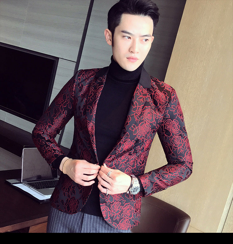 Dark Rose Jacquard Party Men Slim Fit Blazer - FanFreakz