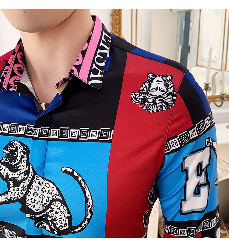 Tiger and Monogram Print Long Sleeve Style Men Slim Fit Shirt