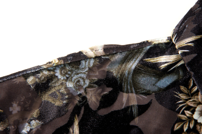 Gold Planting Bird Print Semi See Through Men Velvet Shirt