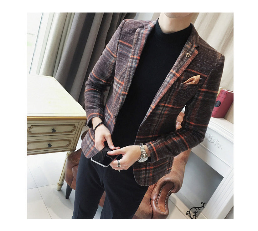 Vintage Plaid Wool Blend Men Slim Fit Smart Casual Blazer