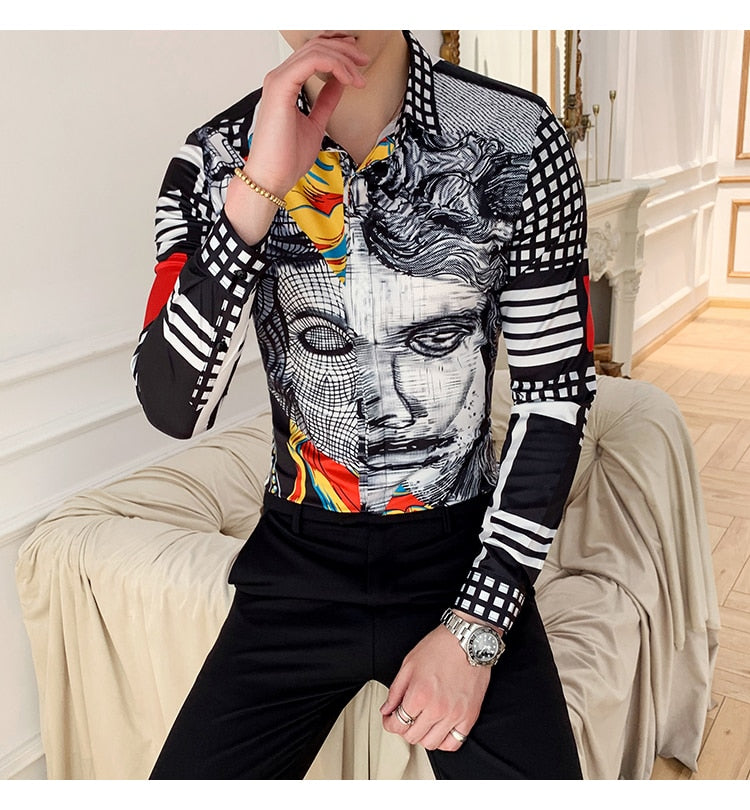 Man Face Printing Colour Splice Design Men Shirt