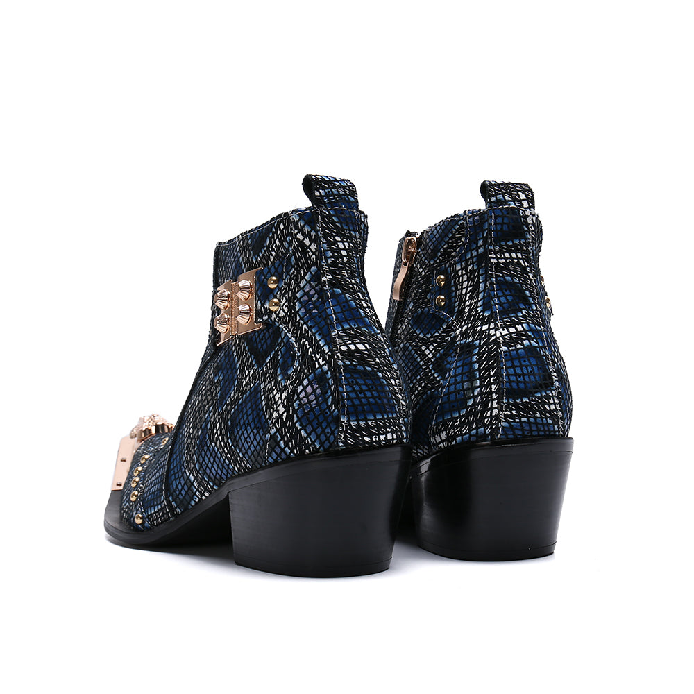 Snake Patterned Metal Toe Men Boots with Buckles