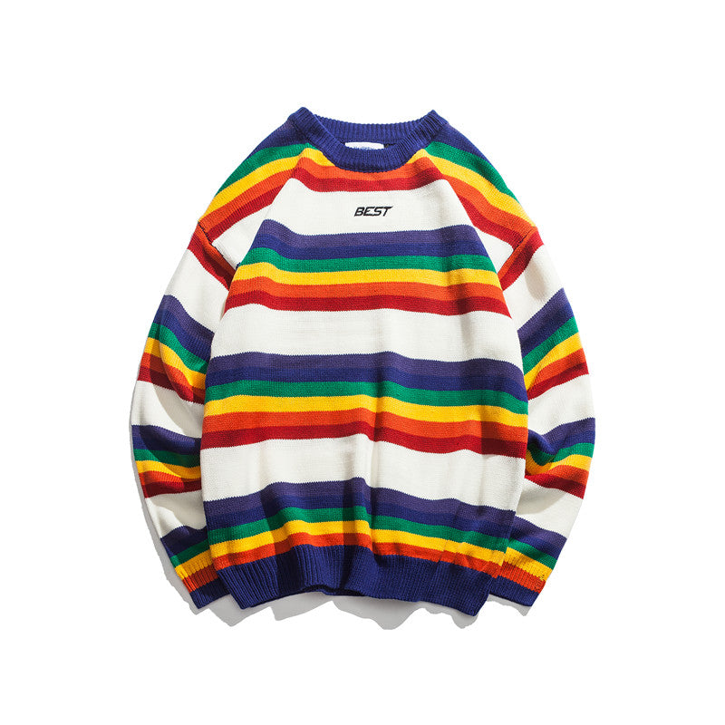 Rainbow Stripe Long Sleeve Pullover Men Sweater
