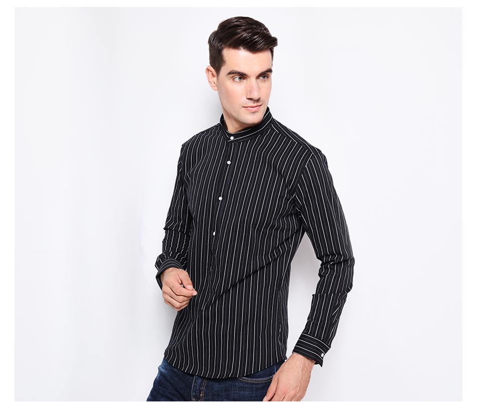 Mandarin Collar Cotton Stripes Design Men Slim Fit Long Sleeves Shirt