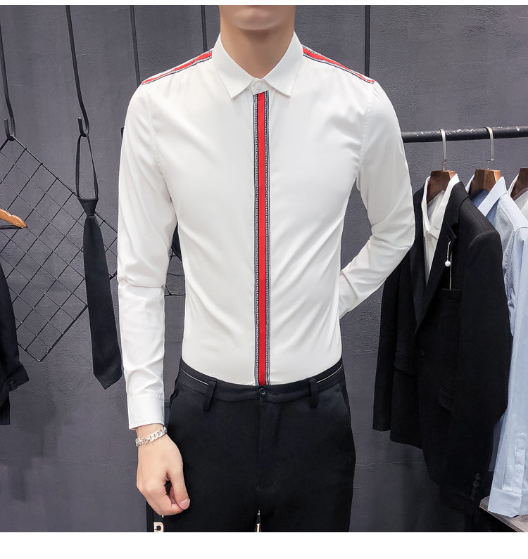 Solid Colour with Ribbon Button Line Design Men Long Sleeves Shirts