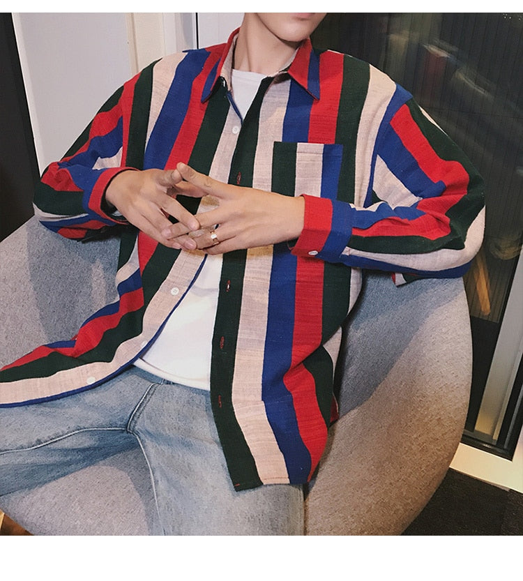 Newest Fashion Stripe Loose Casual Long Sleeves Style Men Shirts