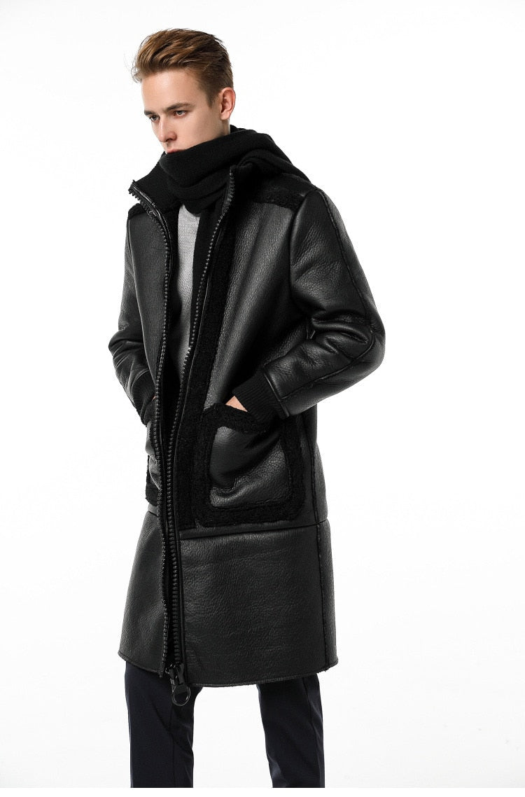 Classy Black Wool and Leather Combination Men Long Jacket with Embossed Detail Backside - FanFreakz