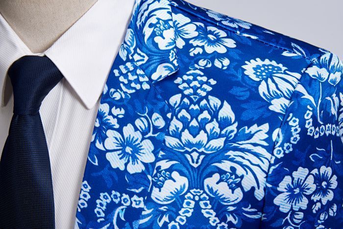 Vintage Floral White Blue Print Men Slim Fit Suit