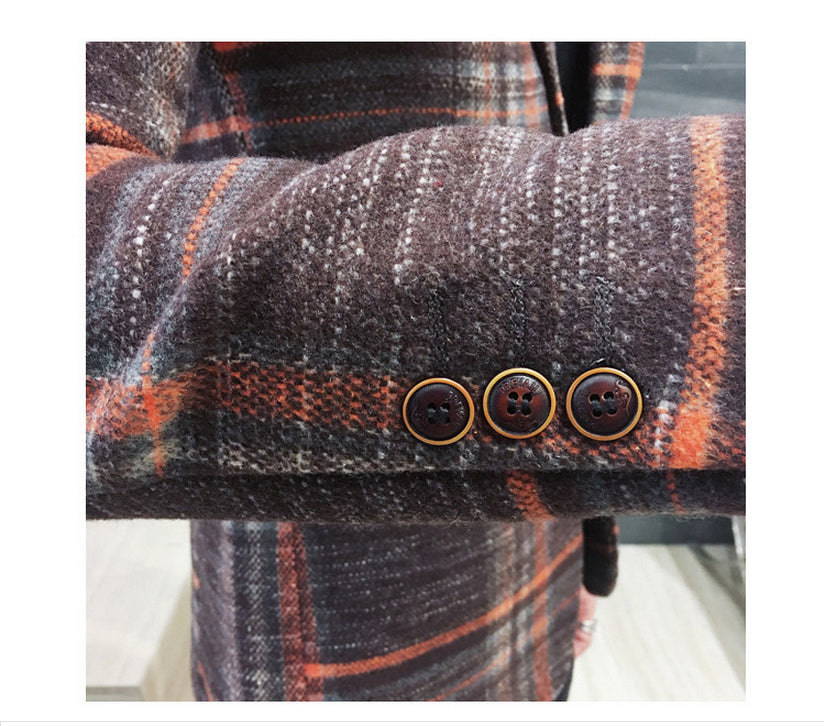 Vintage Plaid Wool Blend Men Slim Fit Smart Casual Blazer