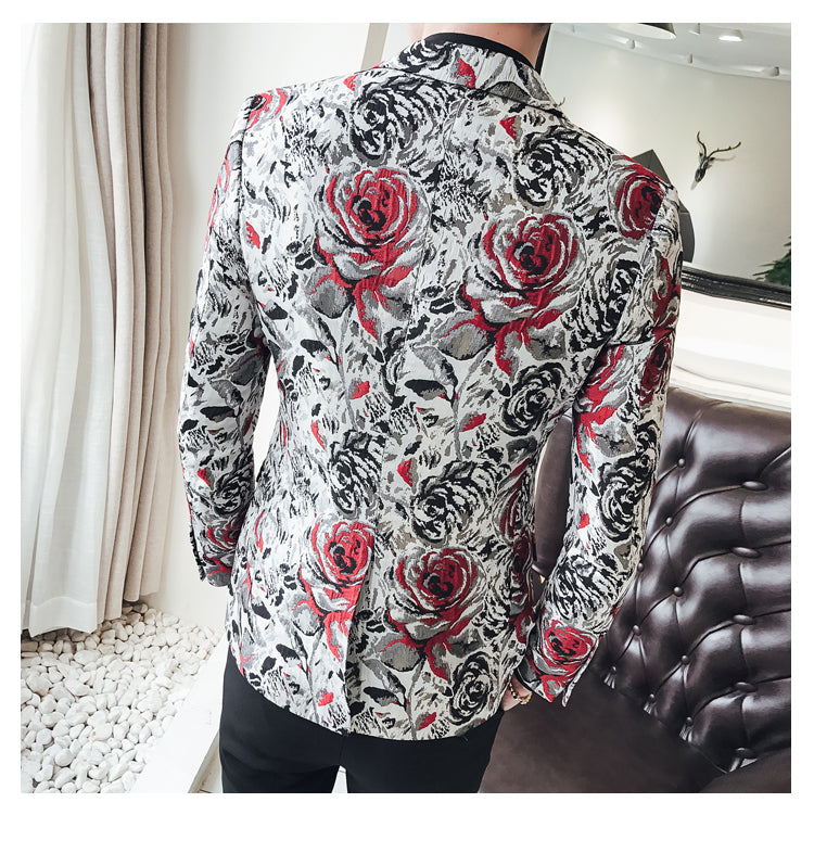 Rose in Contrast Print Men Slim Fit Velvet Blazer
