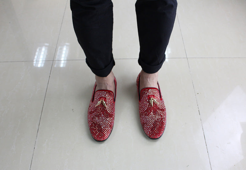 Luxury Rhinestone Handmade Men Red Black Velvet Loafer Shoes With Golden Tassel