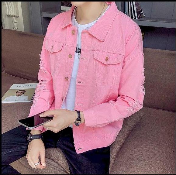 Ripped Sleeves Two Pockets Men Button Closure Denim Jacket