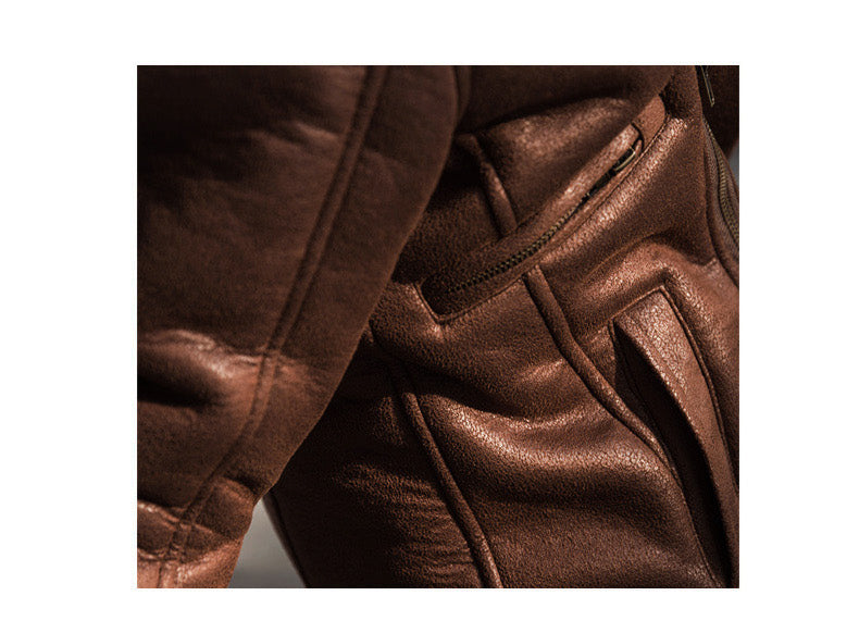 Vintage Biker Style Fleece/Faux Fur Lapel Men Faux Leather Jacket