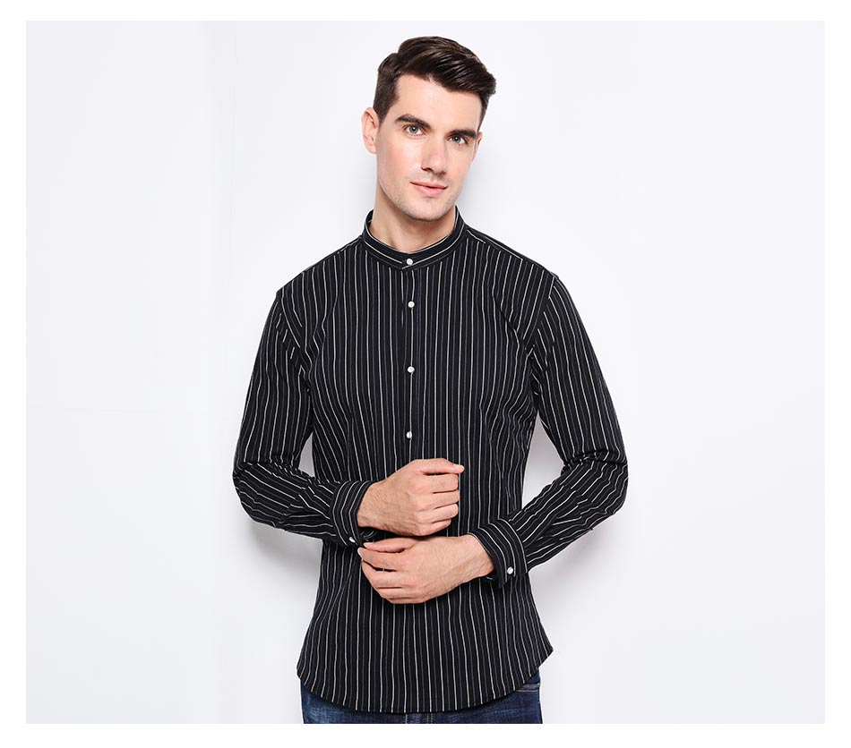 Mandarin Collar Cotton Stripes Design Men Slim Fit Long Sleeves Shirt