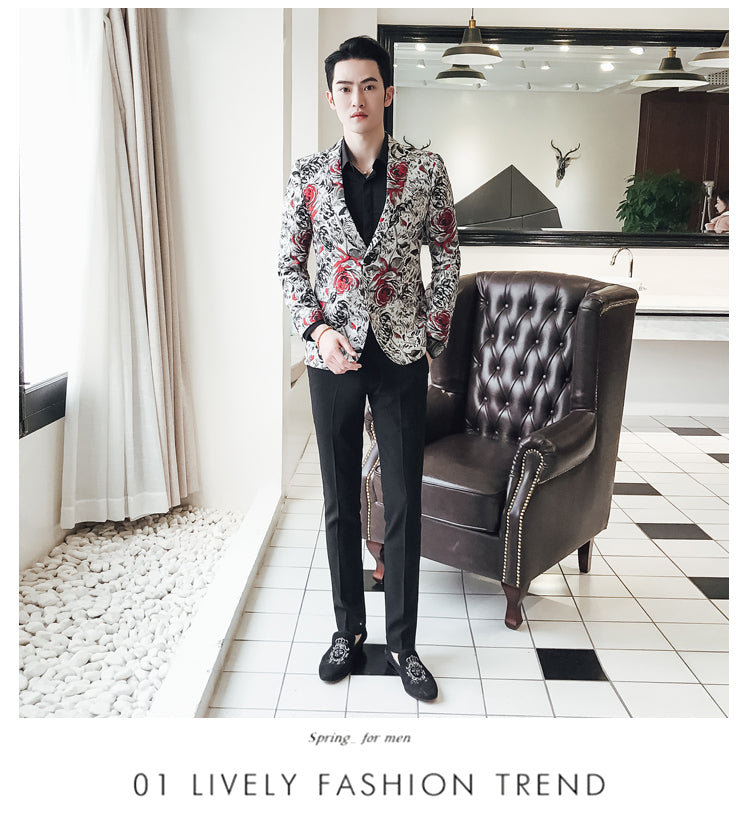 Rose in Contrast Print Men Slim Fit Velvet Blazer