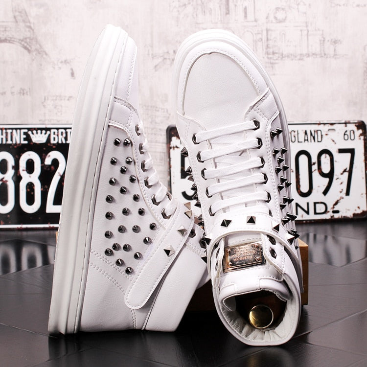 Black and White Casual Rivets Lace Up Men High Top Sneaker - FanFreakz
