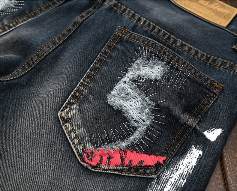Ripped Jeans with Paint Details Men Straight Cut Jeans - FanFreakz