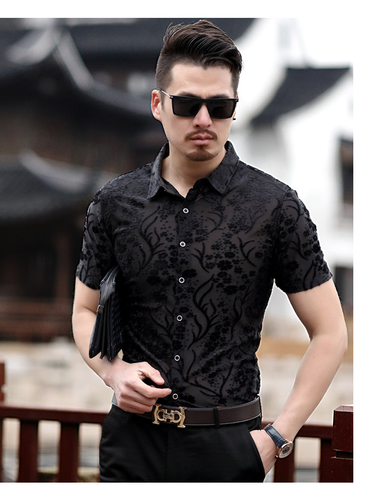 Small Floral Pattern Slim Fit Thin Semi See Through Men Shirt - FanFreakz