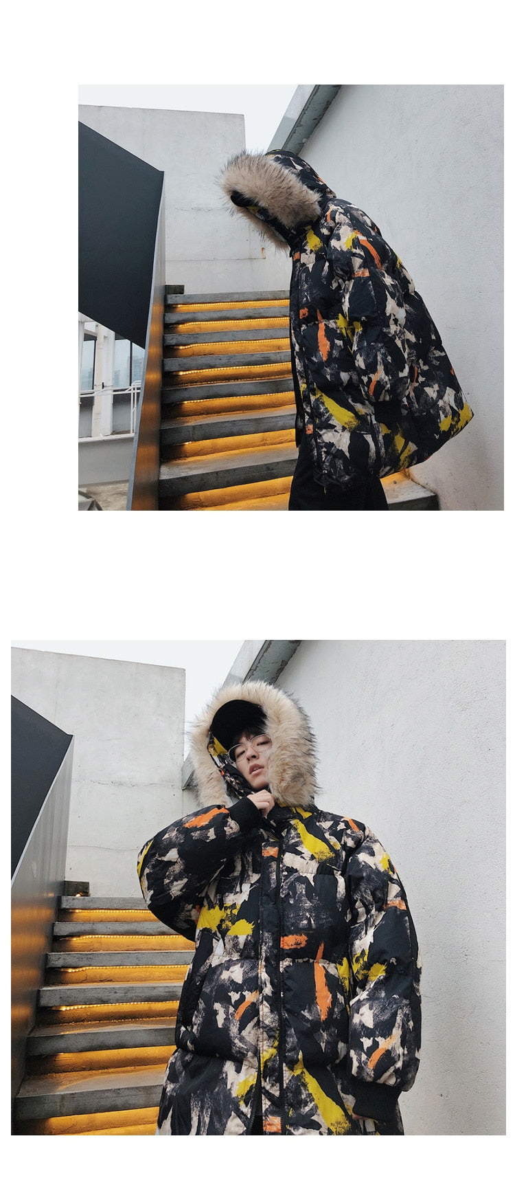 Fur Hoodie Abstract Printed Streetwear Style Men Warm Jacket