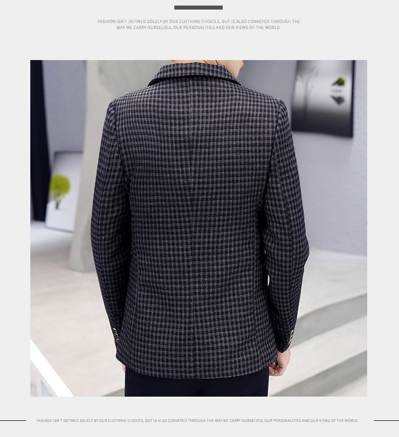 Casual Elegant Solid Plaid Pattern Men Blazer - FanFreakz