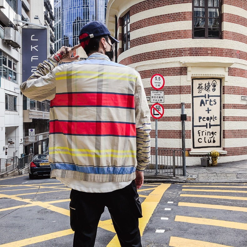 Khaki with Yellow and Red Stripes Combination Hip Hop Style Men Bomber Jacket
