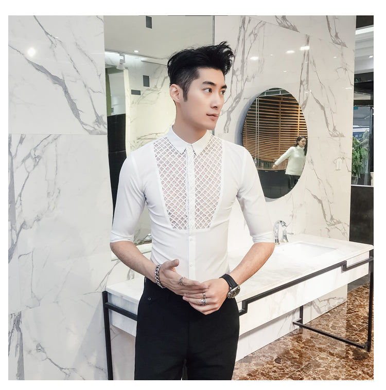 Chest Lace Details Men Slim Fit Short Sleeves Shirts - FanFreakz