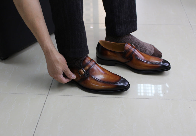 Elegant Handmade Pointed Toe Brown Leather Buckle Strap Men Loafer Shoes - FanFreakz