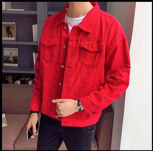 Ripped Sleeves Two Pockets Men Button Closure Denim Jacket