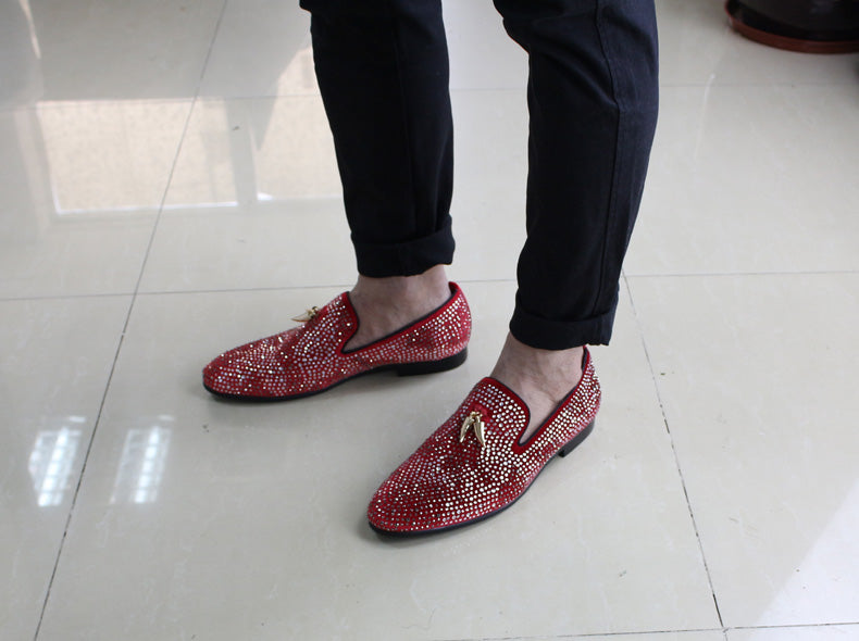 Luxury Rhinestone Handmade Men Red Black Velvet Loafer Shoes With Golden Tassel