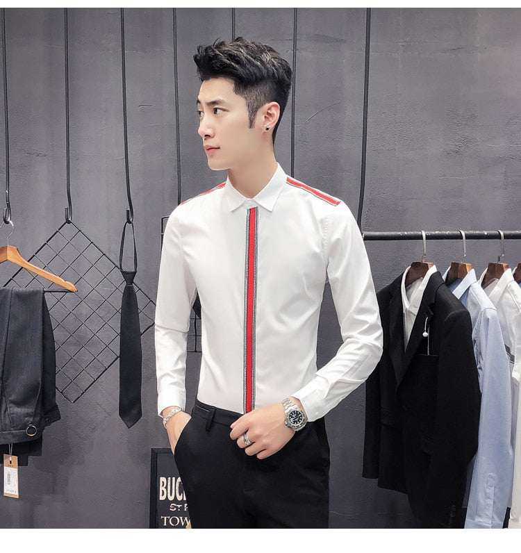 Solid Colour with Ribbon Button Line Design Men Long Sleeves Shirts