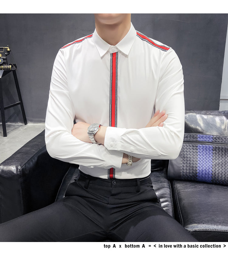 Solid Colour with Ribbon Button Line Design Men Long Sleeves Shirts