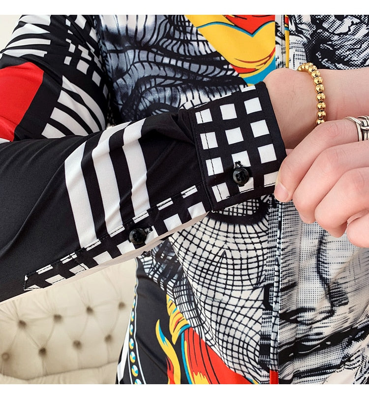 Man Face Printing Colour Splice Design Men Shirt