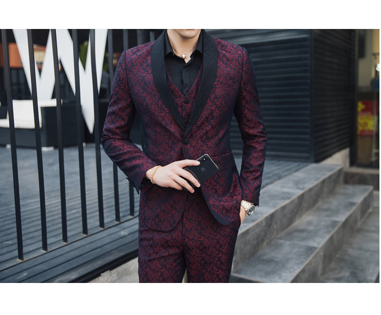 Contrast Black Collar Wine Red Patterned Men Slim Fit Suit Set with Vest and Trouser - FanFreakz