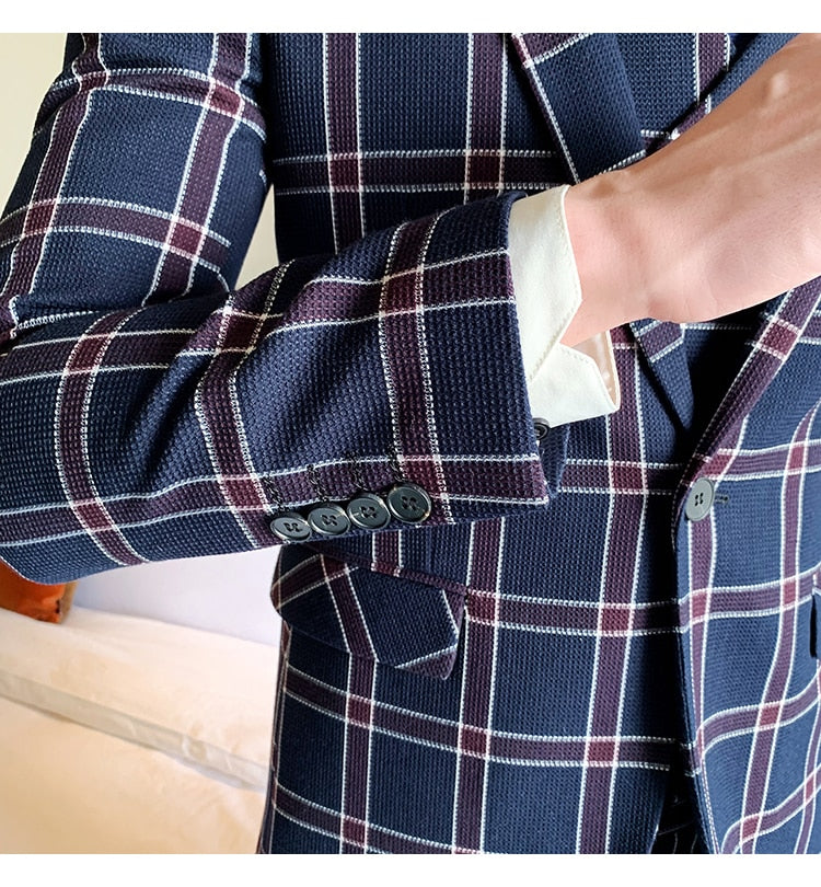 Vintage Plaid British Slim Fit 3 Pieces Style Men Suit