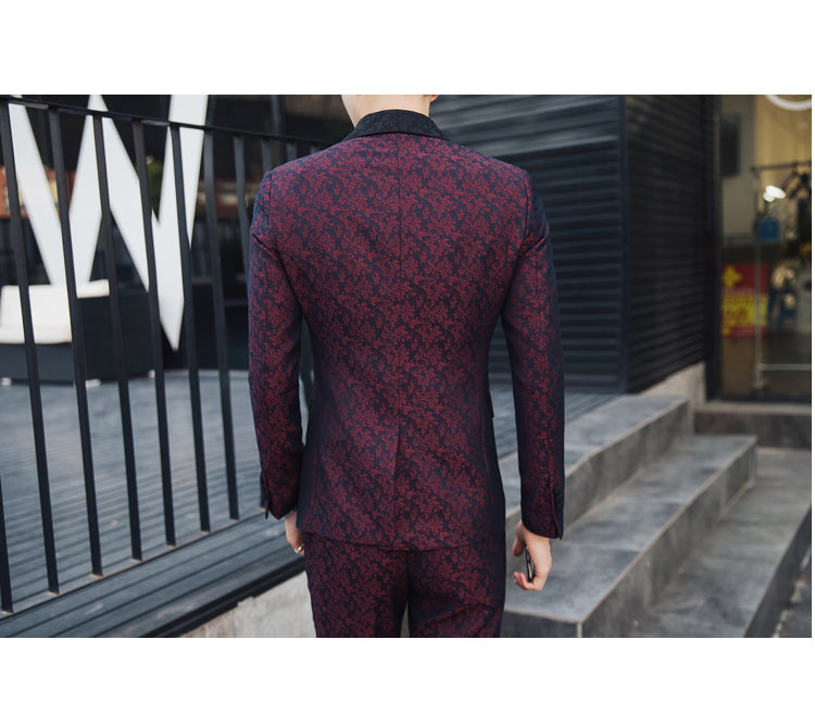 Contrast Black Collar Wine Red Patterned Men Slim Fit Suit Set with Vest and Trouser - FanFreakz