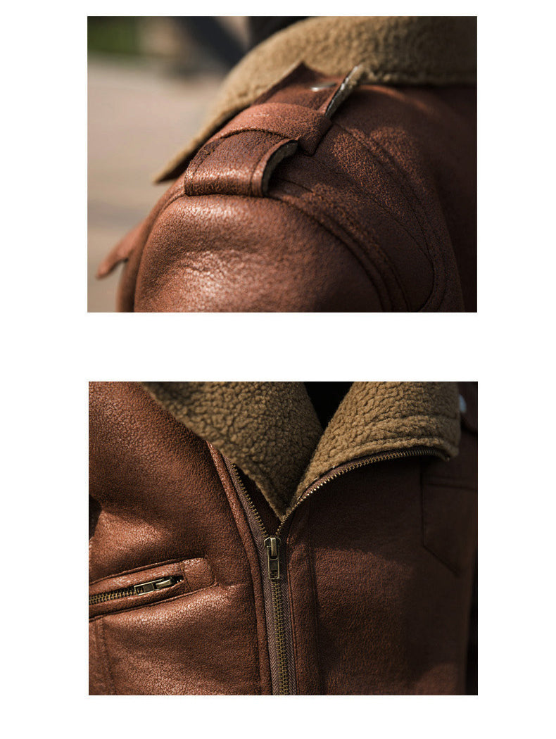 Vintage Biker Style Fleece/Faux Fur Lapel Men Faux Leather Jacket