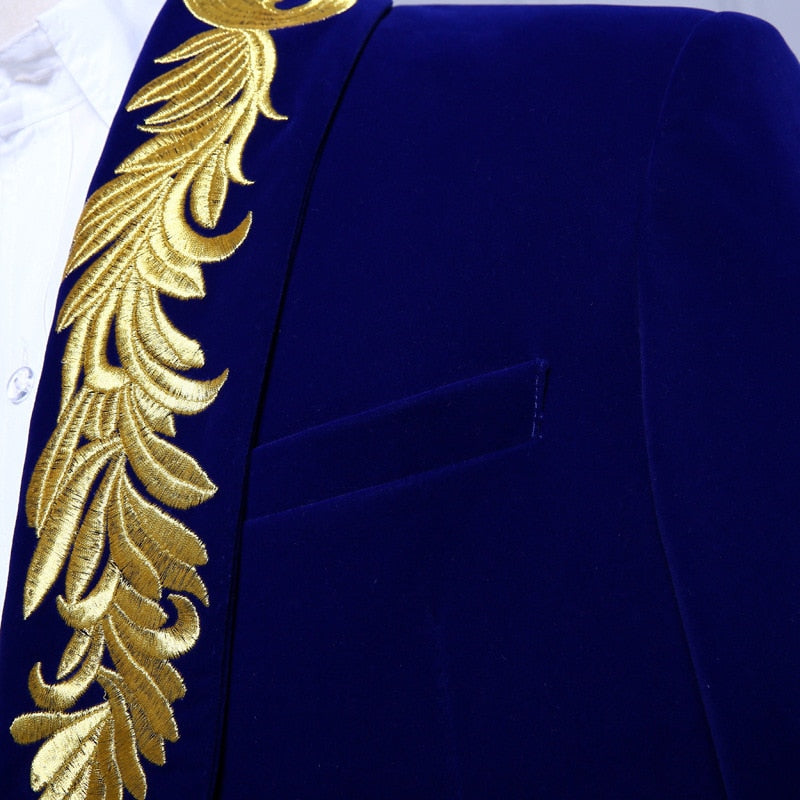 Velvet Royal Blue with Gold Touch Style Men Costume Set Blazer With Pant