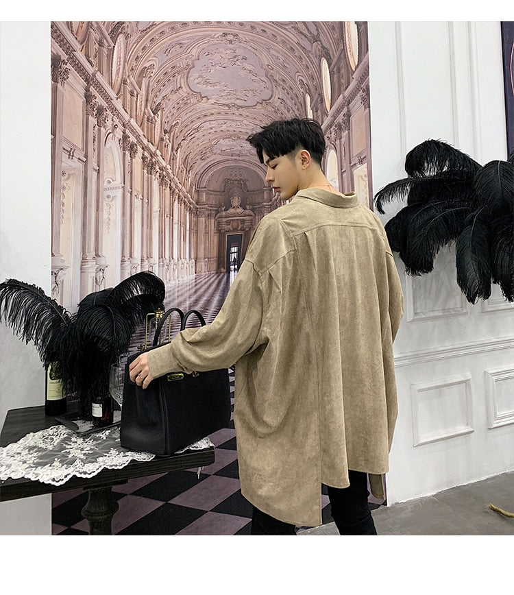 Solid Vintage Oversized Loose Long Sleeve Men Shirt