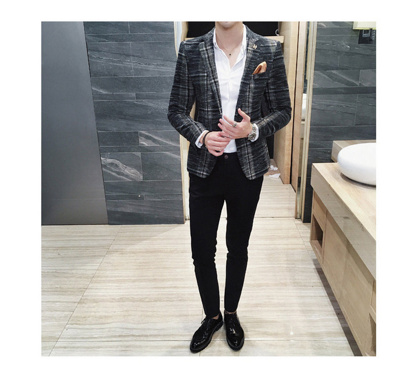 Vintage Plaid Wool Blend Men Slim Fit Smart Casual Blazer