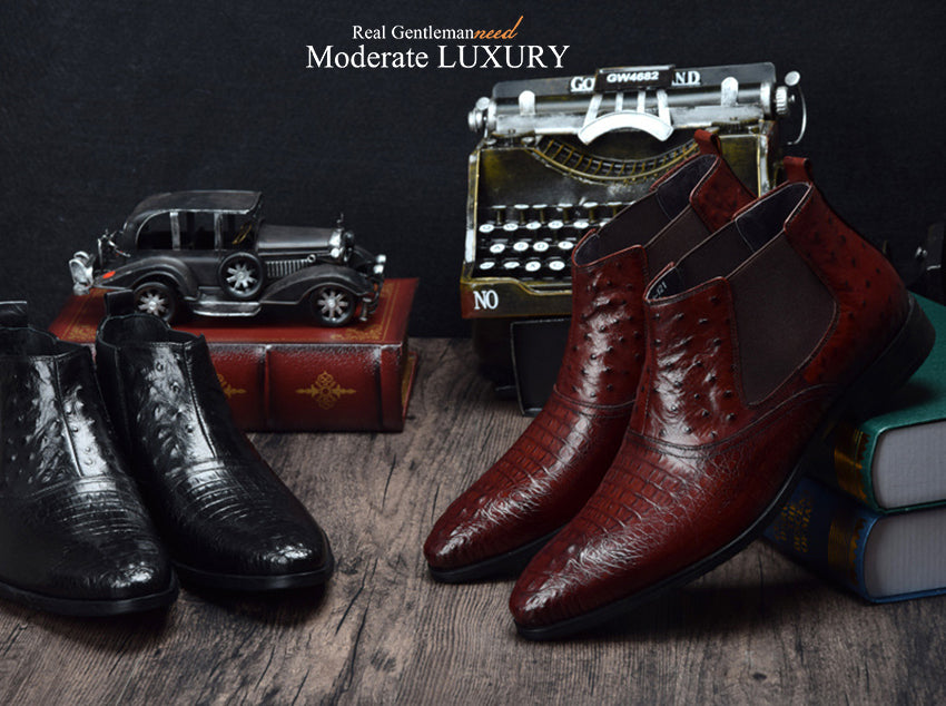 Croco and Ostrich Pattern Leather Patchwork Combination Men Boots - FanFreakz