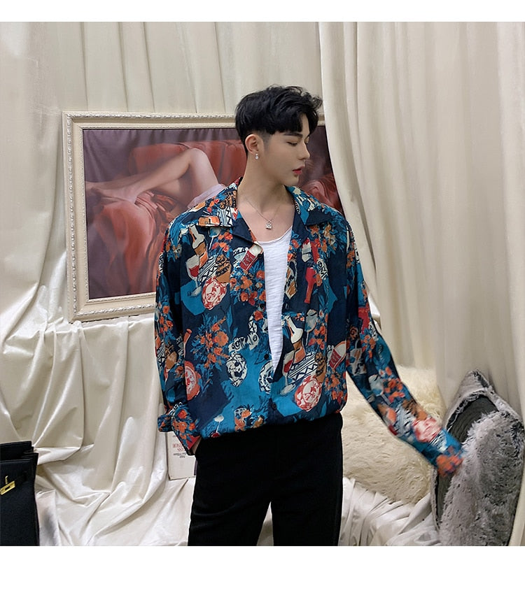 Art Painting Printing in Blue Casual Style Men Shirt - FanFreakz