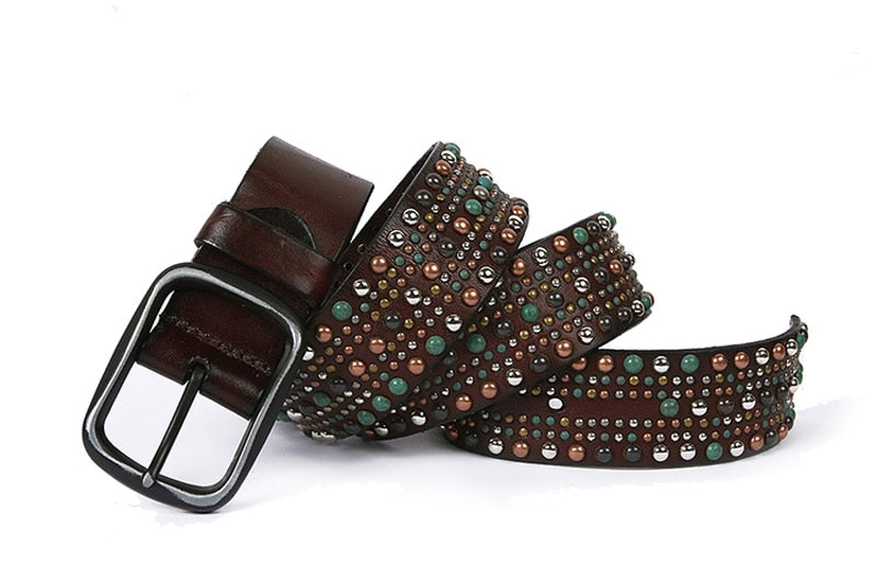 Geometric Pattern Beads Stitch Men Leather Belt