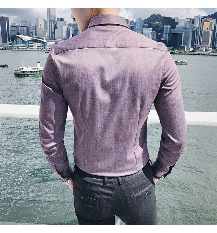 Solid Basic Business Men Long Sleeves Shirt